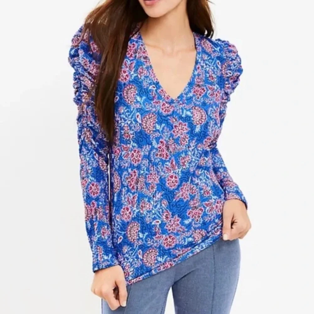 Ann Taylor LOFT Size XL NWT Garden Shirred Puff Long Sleeve Top Cerulean Star